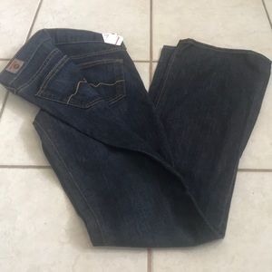 Red engine flare leg jeans dark wash